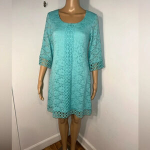 Alfani, PS, eyelet and open crochet, 3/4 sleeves, aqua marine, scoop neck, midi